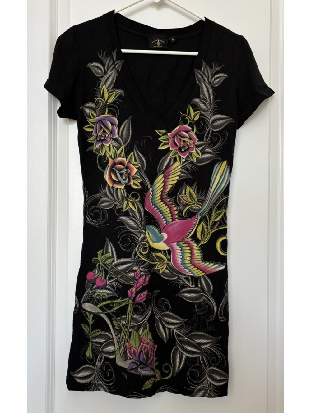 Christian Audigier Tattoo Bird Floral Graphic Dress Women’s M Black Y2K McBling